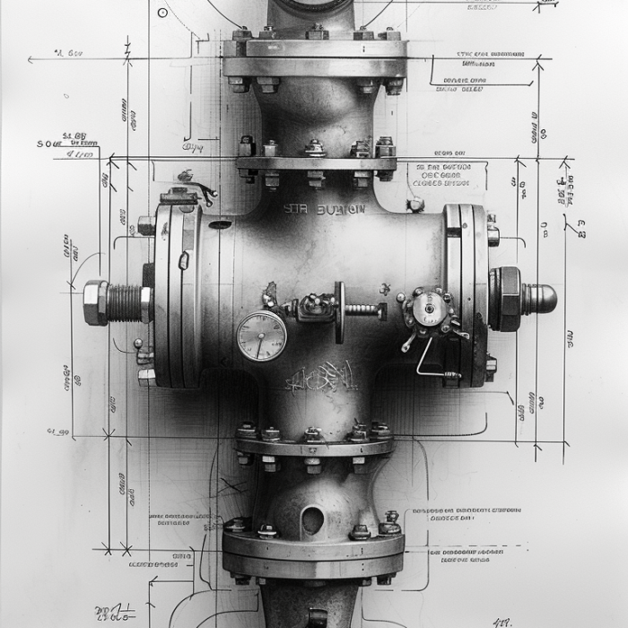 flow control valves blueprint , plumbing system drawing, flow control valves, pencil drawing, technical --ar 1:2